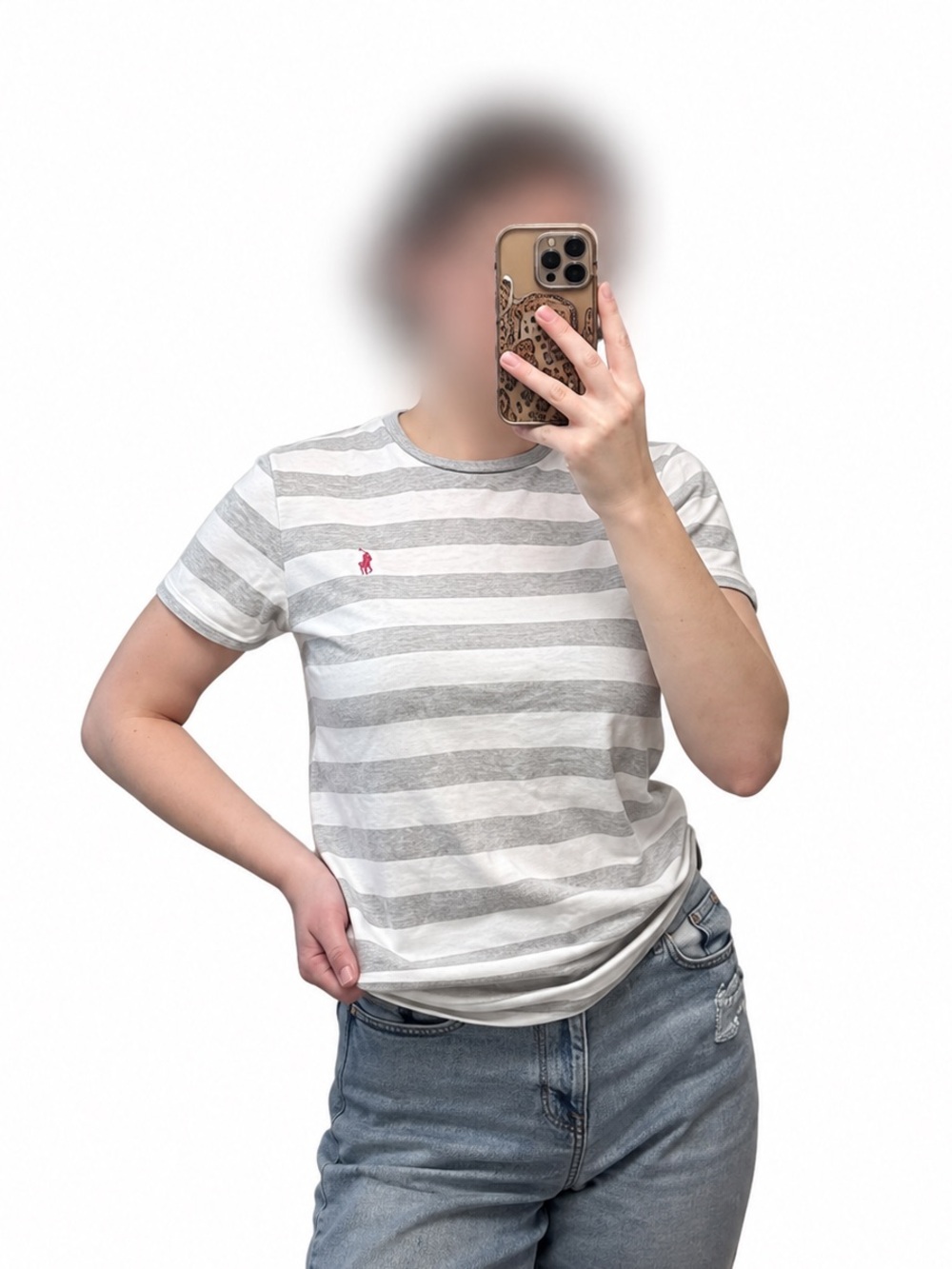 Vintage Ralph Lauren Sport Striped Crewneck Tee - White, Light Gray & Pink Logo